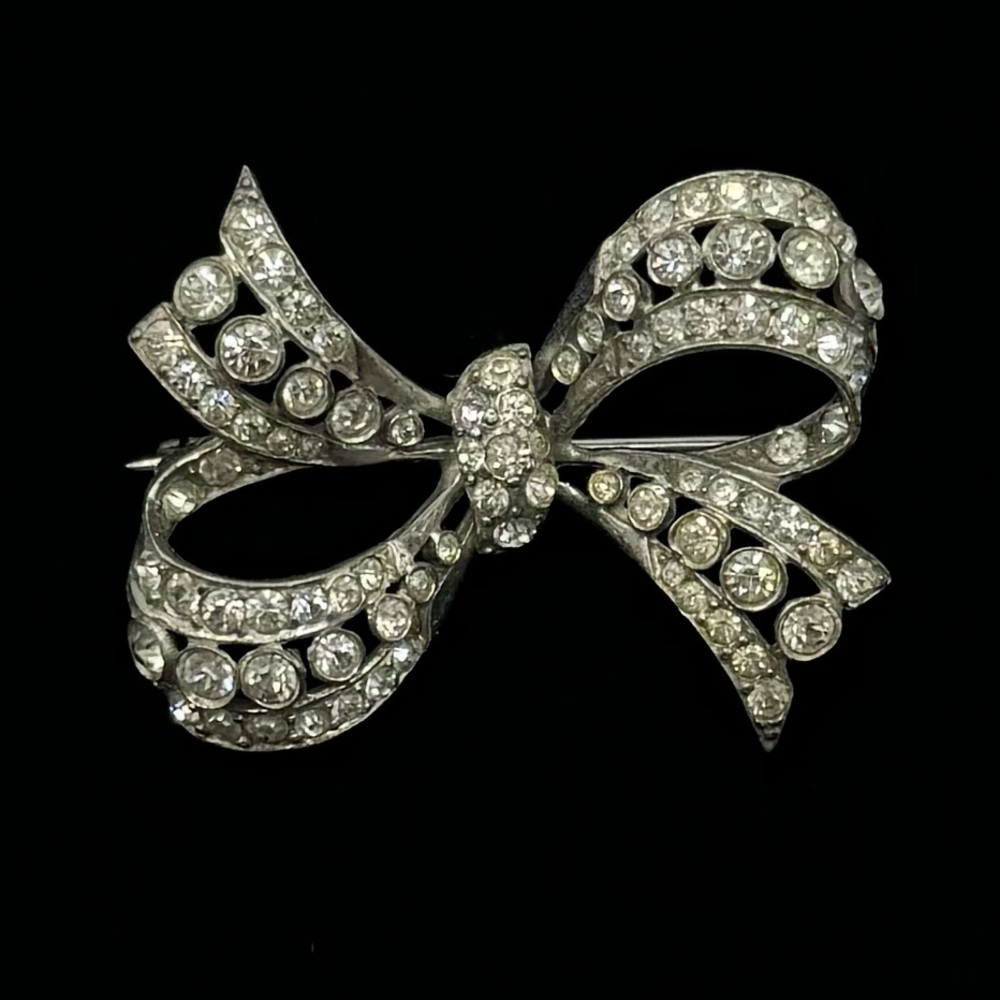 VINTAGE Sterling Silver Crystal Bow Brooch